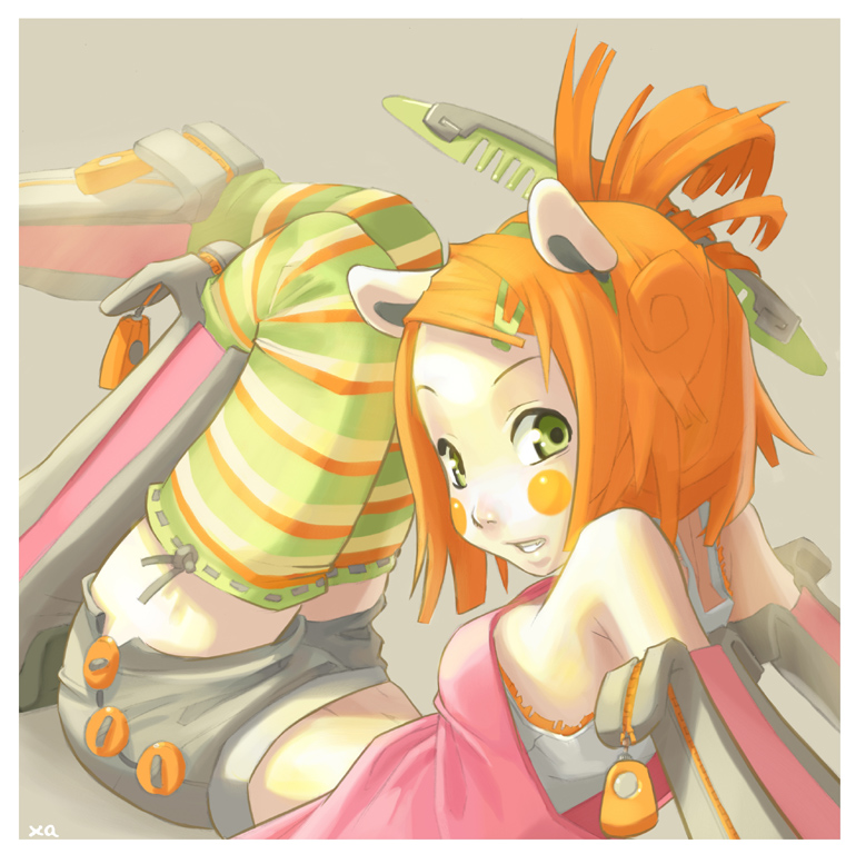 xaxaxa, animal ears, boots, cat ears, gloves, green eyes, knee boots, mecha, ponytail, red hair, robot, short hair, shorts, thighhighs, zipper