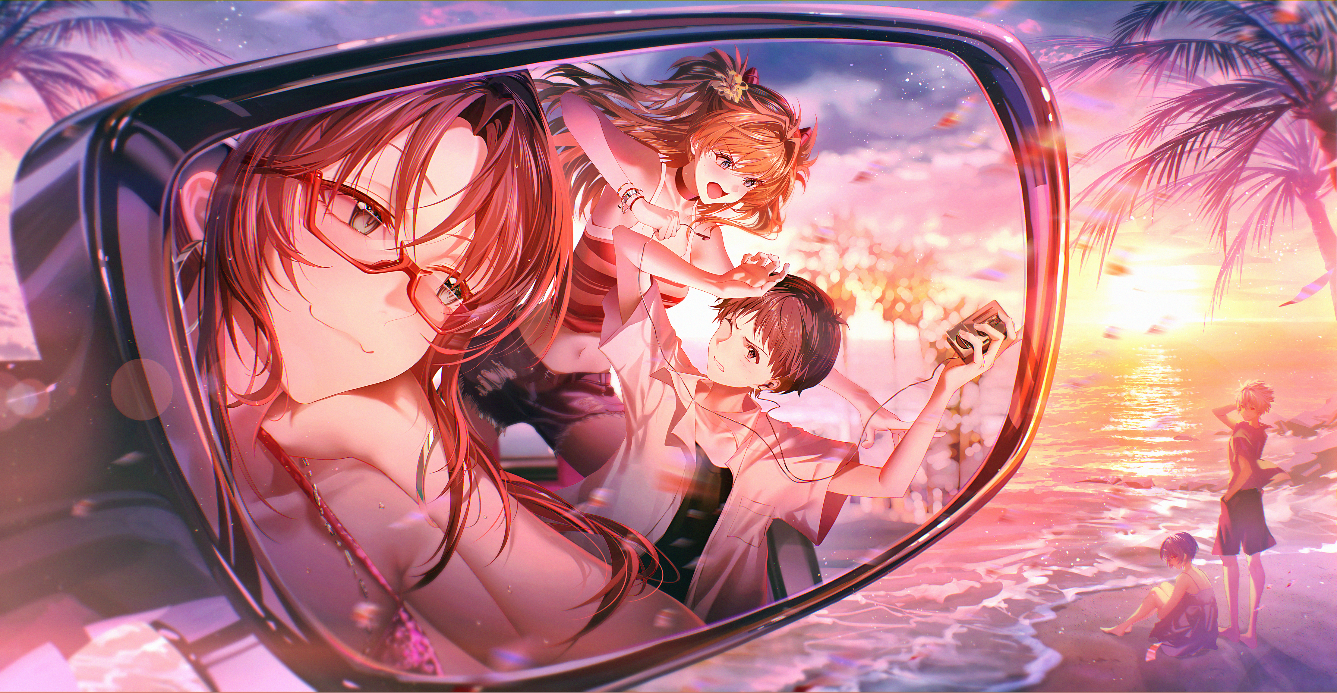junpaku karen, ayanami rei, ikari shinji, makinami mari illustrious, nagisa kaworu, souryuu asuka langley, neon genesis evangelion, absurdres, highres, 2boys, 3girls, bare shoulders, black hair, blue eyes, closed mouth, evening, glasses, holding, multiple boys, multiple girls, navel, ocean, open mouth, orange hair, shirt, side-view mirror, sitting, standing, sunset, tree, white shirt