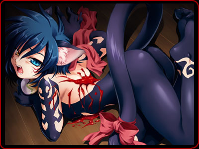 le chocolat, answer dead, game cg, lowres, tagme, 1girl, animal ears, blood, bow, cat ears, female focus, heterochromia, open mouth, solo, tattoo