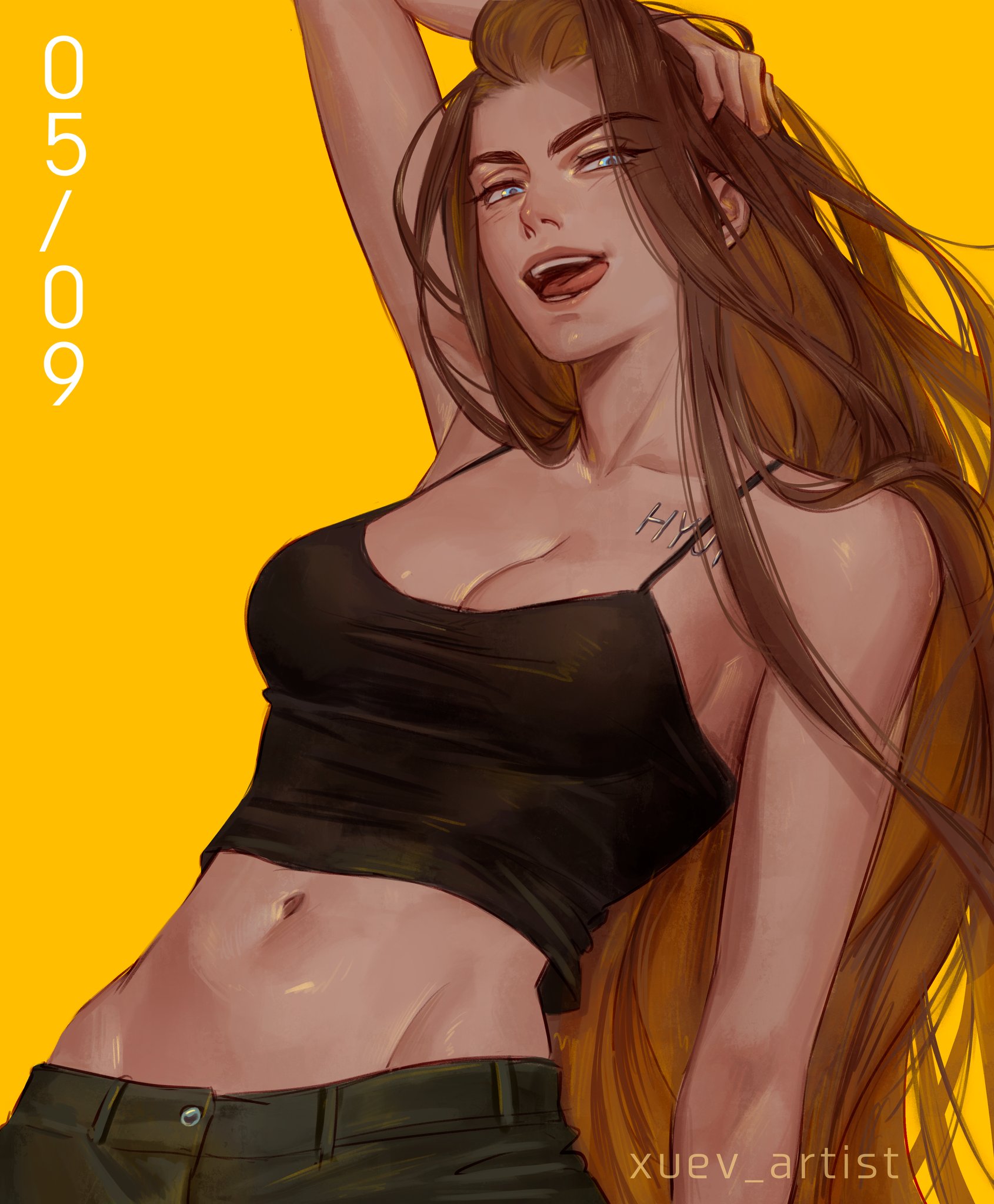 xuev artist, hyuna (alien stage), alien stage, commentary, english commentary, highres, 1girl, artist name, birthday, black camisole, black pants, breasts, camisole, chest tattoo, cleavage, cowboy shot, crop top, dark-skinned female, dark skin, dated, grey eyes, hand on own head, navel, open mouth, pants, simple background, solo, stomach, tattoo, tongue, yellow background
