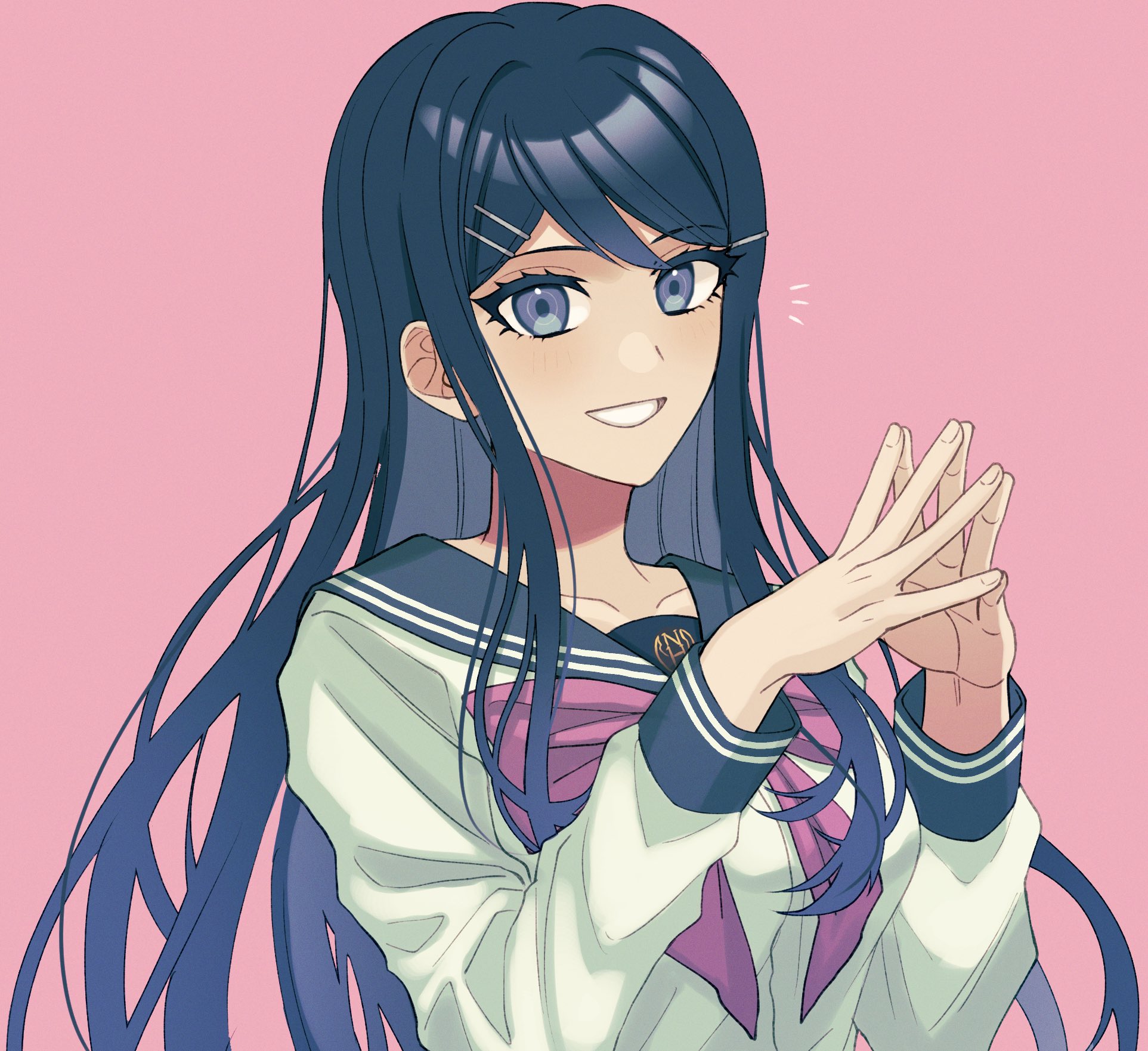 ganruo (iwashi 1023), maizono sayaka, danganronpa: trigger happy havoc, danganronpa (series), highres, 1girl, black hair, black sailor collar, blue eyes, blush, bow, bowtie, grin, hair ornament, hairclip, hands up, long hair, long sleeves, own hands together, pink background, pink bow, pink bowtie, sailor collar, shirt, simple background, smile, solo, teeth, upper body, white shirt