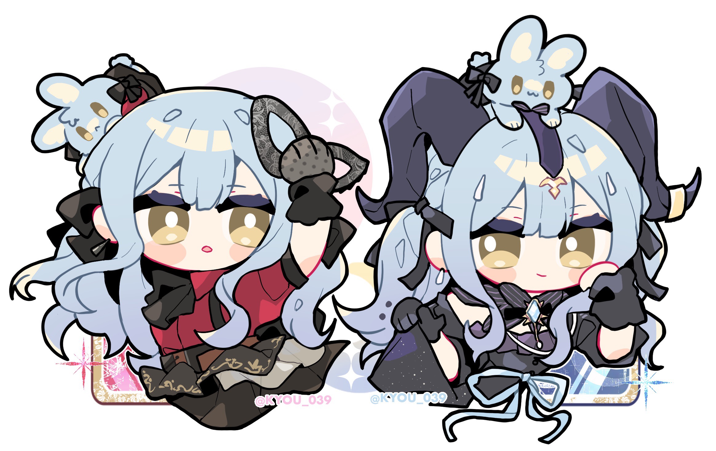 kyou 039, oblivionis (bang dream!), togawa sakiko, arknights, bang dream!, bang dream! it's mygo!!!!!, chinese commentary, commentary request, highres, 2girls, animal, animal on head, animalization, ascot, black ascot, black gloves, black horns, black ribbon, blue hair, blunt bangs, chibi, chibi only, closed mouth, curled horns, detached collar, dual persona, eye mask, gloves, hair ribbon, holding, holding mask, horns, long hair, looking at another, mask, multiple girls, on head, open mouth, person and animalization, rabbit, red shirt, ribbon, shirt, sidelocks, smile, togawa sakiko (master of melodia), two side up, white background, yellow eyes