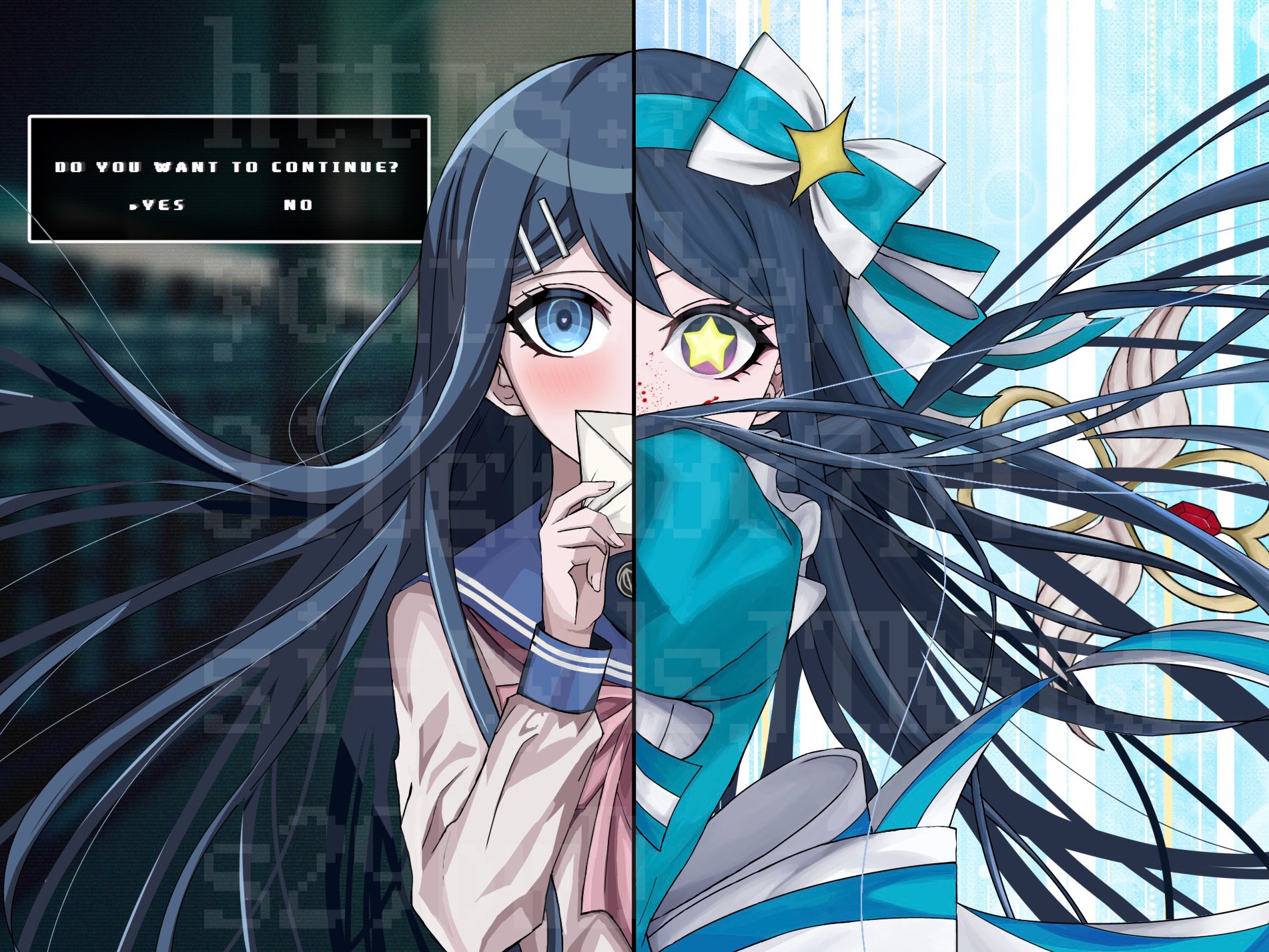 q ten a, maizono sayaka, danganronpa: trigger happy havoc, danganronpa (series), highres, 1girl, blue sailor collar, bow, bowtie, english text, gem, green bow, grey shirt, hair bow, hair ornament, hairclip, idol, letter, long hair, long sleeves, pink bow, pink bowtie, sailor collar, shirt, solo, staff, star-shaped pupils, star (symbol), symbol-shaped pupils, upper body, watermark, white bow