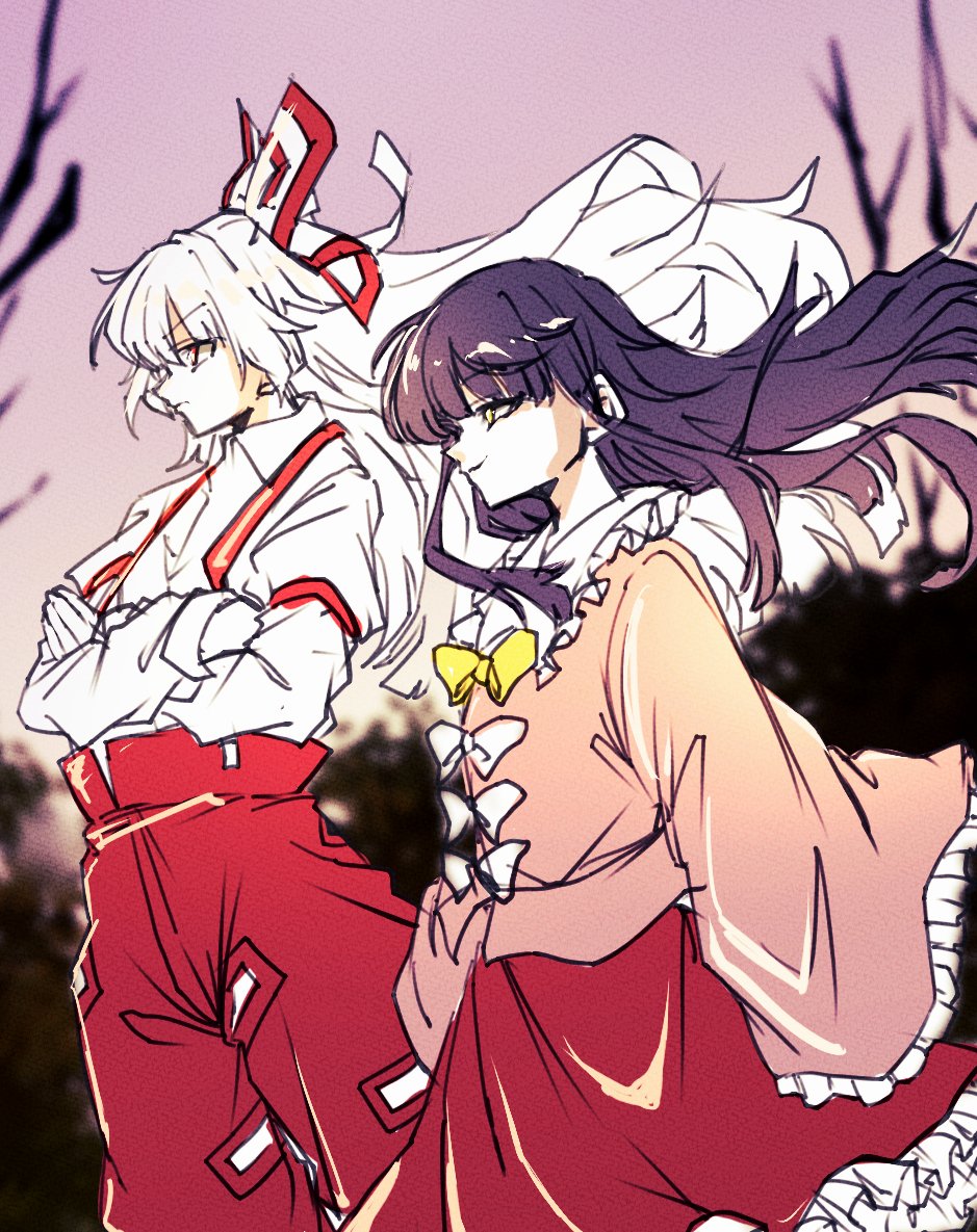 isagi, fujiwara no mokou, houraisan kaguya, touhou, 2girls, black hair, bow, buttons, collar, crossed arms, frilled collar, frilled skirt, frilled sleeves, frills, hair bow, long hair, long sleeves, multiple girls, outdoors, pants, red bow, red eyes, red pants, red skirt, red suspenders, shirt, simple background, skirt, smile, solo, suspenders, two-tone bow, very long hair, white background, white bow, white hair, white shirt, wide sleeves, yellow bow