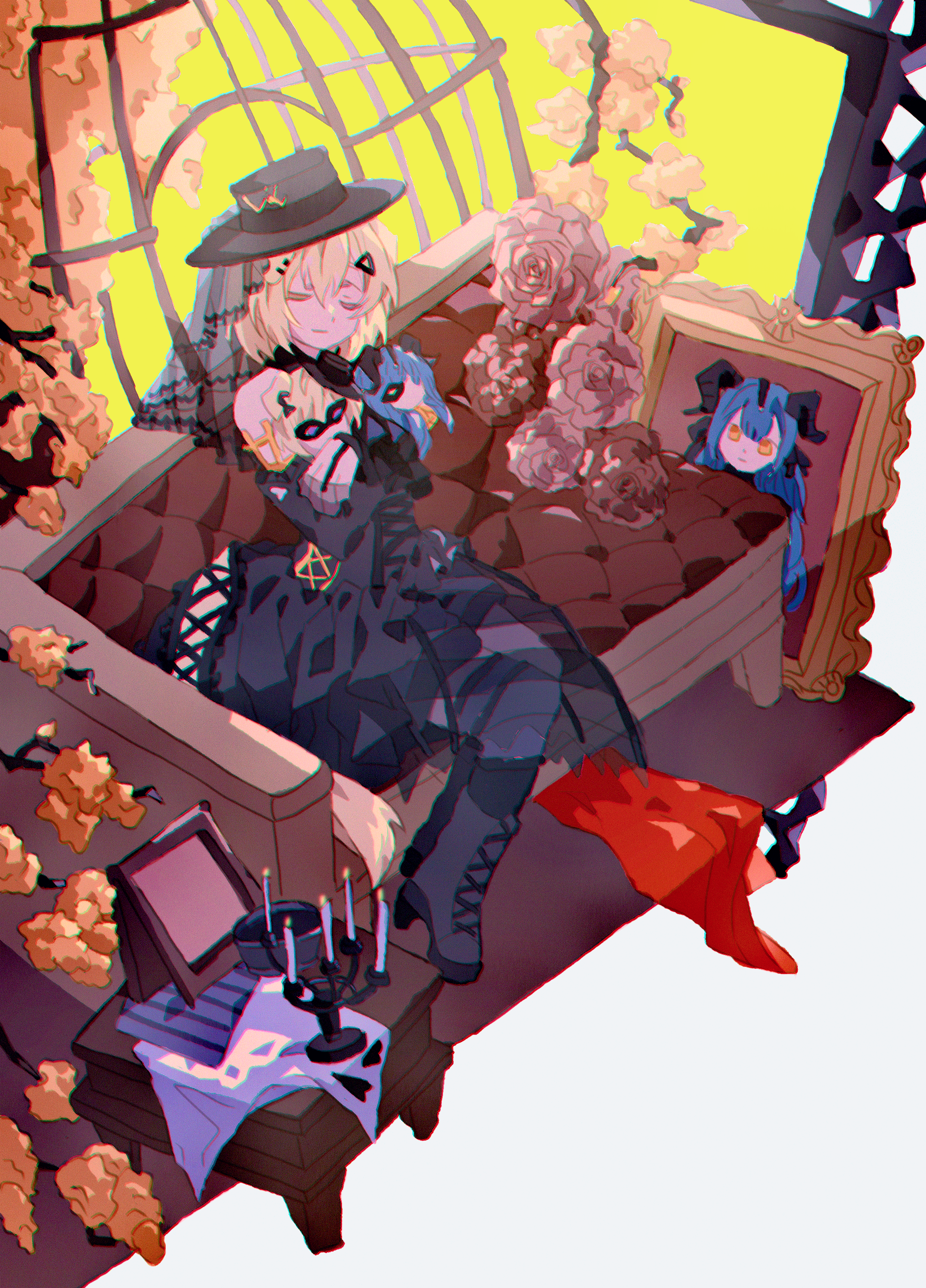 misumi uika, togawa sakiko, arknights, bang dream!, bang dream! it's mygo!!!!!, absurdres, highres, 1girl, animal ears, black boots, black dress, black hat, blonde hair, boots, cage, candlestand, character doll, chromatic aberration, couch, dog ears, dog girl, doll, dress, flower, from above, full body, hair ornament, hairclip, hat, holding, holding doll, kemonomimi mode, misumi uika (caged singer), on couch, picture frame, portrait (object), rose, samoyed42587, short hair, sitting, smile, solo, table, togawa sakiko (master of melodia)