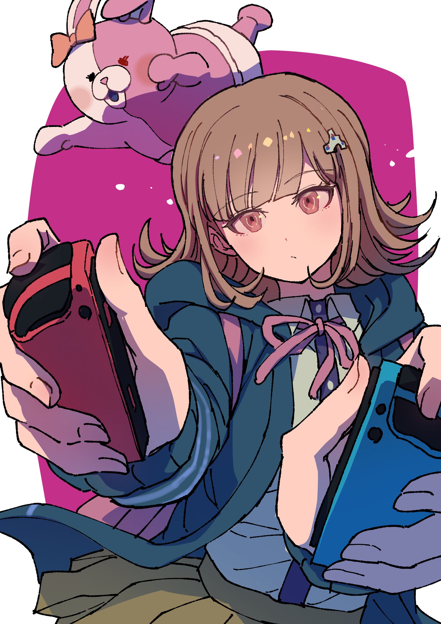 youko-shima, monomi (danganronpa), nanami chiaki, danganronpa (series), danganronpa 2: goodbye despair, absurdres, highres, 1girl, bow, breasts, brown hair, collared shirt, controller, diaper, ear bow, flipped hair, game controller, hair ornament, holding, holding controller, holding game controller, hood, jacket, long sleeves, looking at viewer, medium hair, nintendo switch pro controller, open clothes, open jacket, pink eyes, pink ribbon, red background, ribbon, shirt, skirt, white background, white shirt