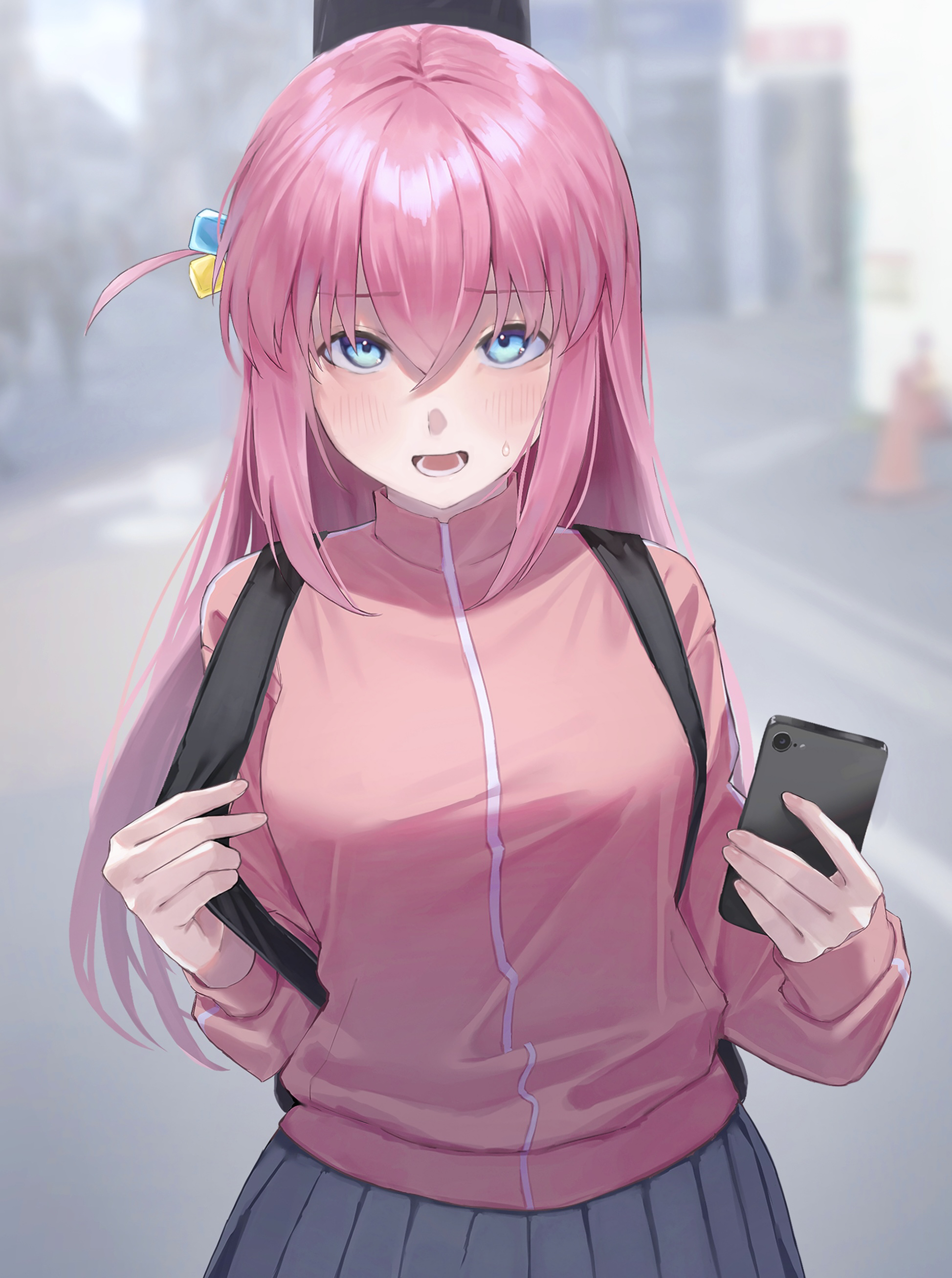 shosann1612, gotoh hitori, bocchi the rock!, absurdres, commentary request, highres, 1girl, :d, black skirt, blue eyes, blurry, blurry background, blush, breasts, cellphone, cowboy shot, cube hair ornament, day, guitar case, hair between eyes, hair ornament, holding, holding phone, holding strap, instrument case, jacket, large breasts, long hair, long sleeves, looking at viewer, one side up, open mouth, outdoors, phone, pink hair, pink jacket, pleated skirt, skirt, smartphone, smile, solo