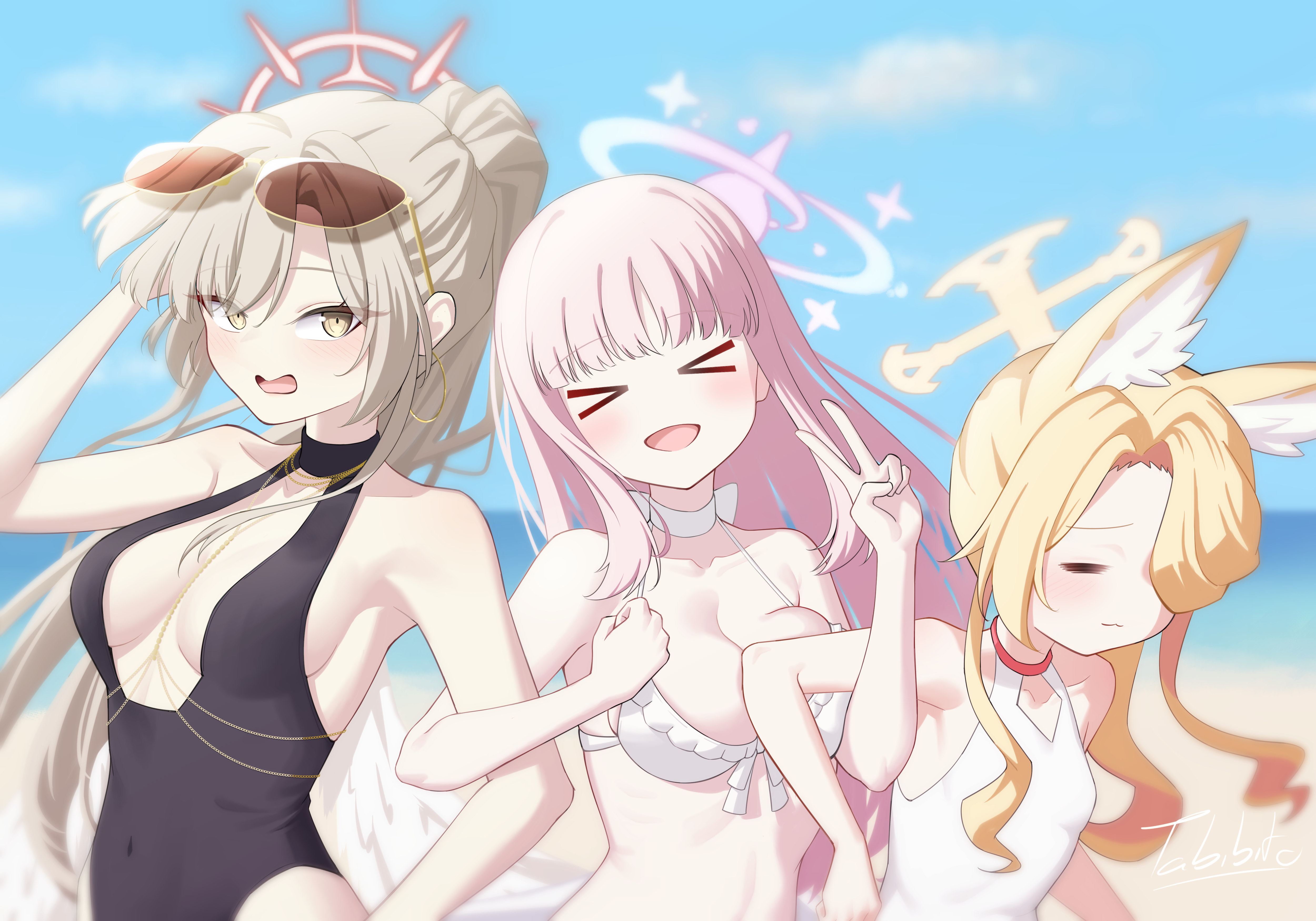 tabibito (pew cpotty), mika (blue archive), mika (swimsuit) (blue archive), nagisa (blue archive), nagisa (swimsuit) (blue archive), seia (blue archive), seia (swimsuit) (blue archive), blue archive, absurdres, highres, > <, 3girls, angel wings, animal ear fluff, animal ears, bare arms, bare shoulders, bikini, black one-piece swimsuit, blonde hair, blush, breasts, brown hair, choker, cleavage, closed eyes, collarbone, eyewear on head, feathered wings, fox ears, fox girl, frilled bikini, frills, hair over one eye, halo, large breasts, long hair, low wings, multiple girls, official alternate costume, official alternate hairstyle, one-piece swimsuit, open mouth, pink hair, pink halo, ponytail, red halo, small breasts, smile, stomach, swimsuit, tea party (blue archive), v, very long hair, white bikini, white choker, white one-piece swimsuit, white wings, wings, yellow eyes, yellow halo
