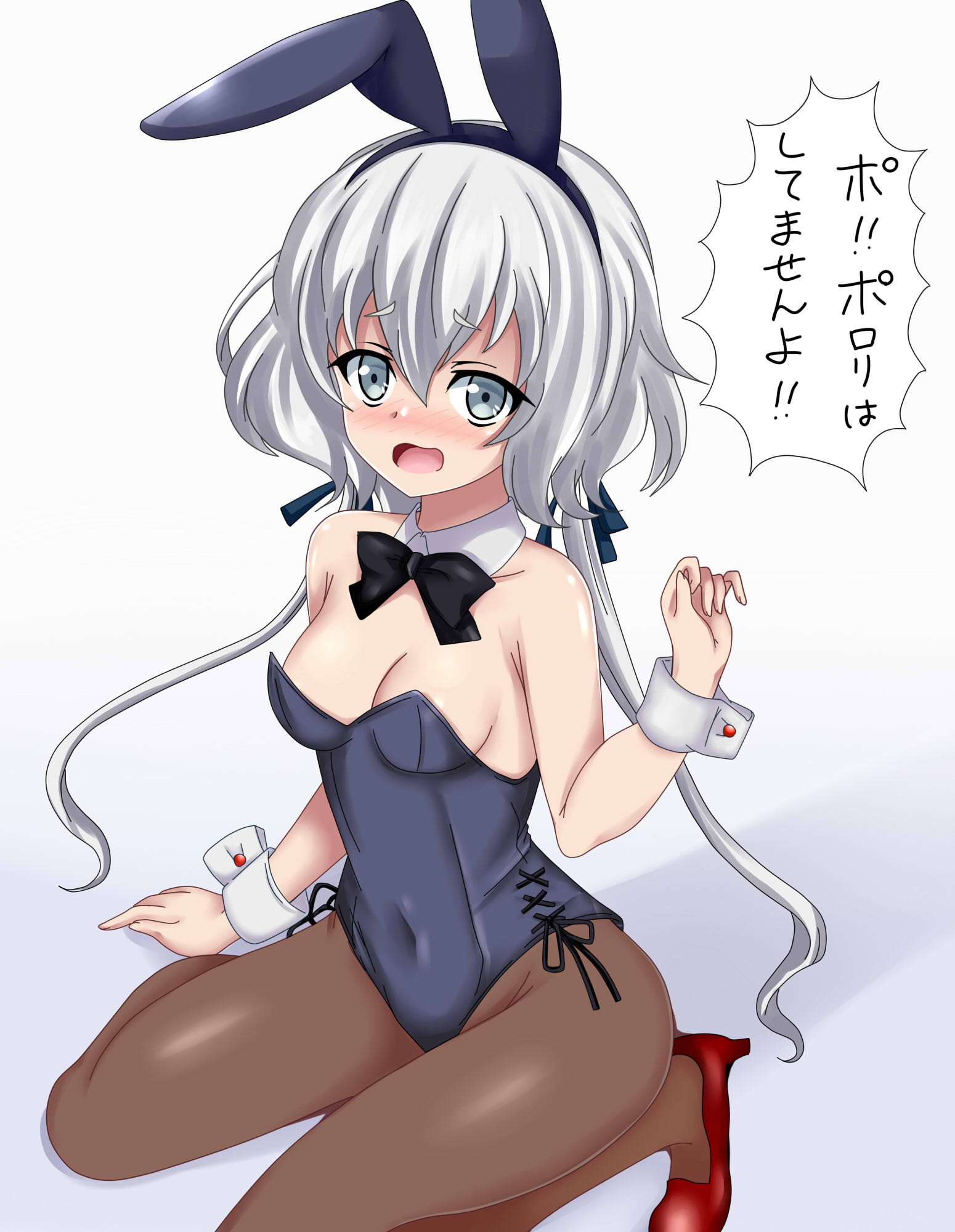 shiguko, konno junko, zombie land saga, commentary request, highres, translation request, 1girl, animal ear hairband, animal ears, black bow, black bowtie, black leotard, bow, bowtie, breasts, brown pantyhose, covered navel, detached collar, fake animal ears, grey eyes, grey hair, hairband, kneeling, leotard, low twintails, open mouth, pantyhose, playboy bunny, rabbit ears, red shoes, shoes, side-tie leotard, small breasts, solo, strapless, strapless leotard, twintails, wrist cuffs