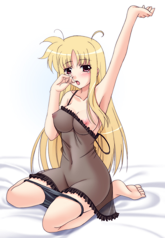 narutaki shin, fate testarossa, lyrical nanoha, mahou shoujo lyrical nanoha, mahou shoujo lyrical nanoha strikers, 00s, 1girl, bed, blonde hair, blush, breasts, camisole, chemise, female focus, kneeling, lingerie, long hair, nipple slip, nipples, no bra, panties, panty pull, see-through clothes, solo, strap slip, underwear, very long hair, yawning