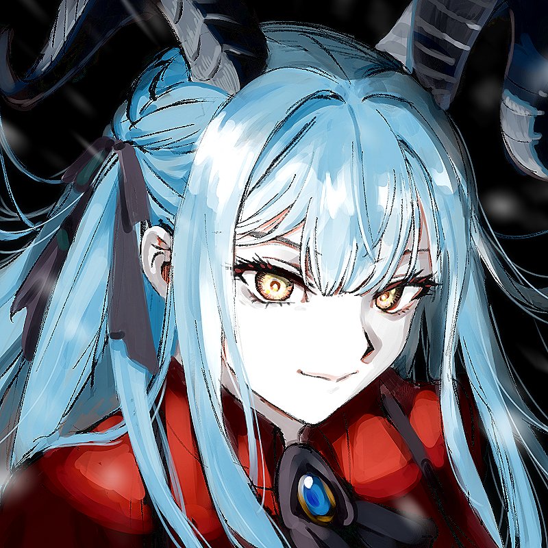 revival bangdkr, oblivionis (bang dream!), togawa sakiko, arknights, bang dream!, bang dream! it's mygo!!!!!, commentary request, korean commentary, 1girl, black horns, black ribbon, blue brooch, blue hair, closed mouth, curled horns, hair between eyes, hair ribbon, horns, long hair, looking at viewer, portrait, red shirt, ribbon, shirt, sidelocks, solo, togawa sakiko (master of melodia), yellow eyes