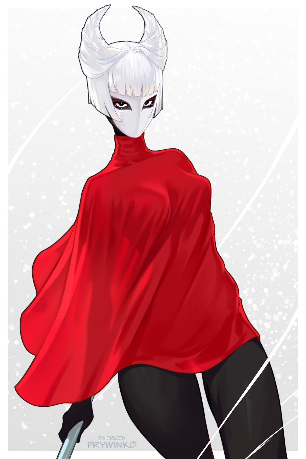 prywinko, hornet (hollow knight), hollow knight: silksong, commentary, highres, 1girl, black eyes, blunt bangs, breasts, cloak, hair horns, holding, large breasts, looking at viewer, mask, personification, red cloak, red lips, short hair, simple background, smile, solo, standing, weapon, white hair