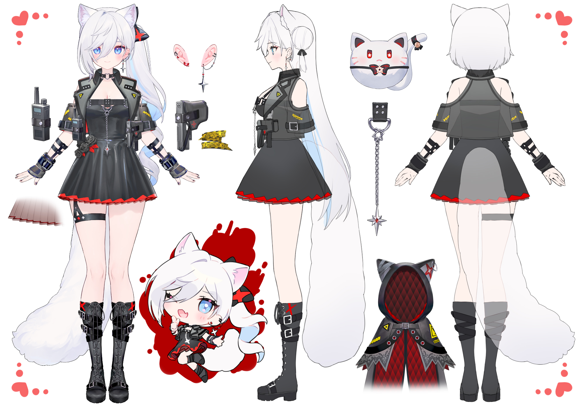 ainy, indie virtual youtuber, commentary, commentary request, english commentary, highres, mixed-language commentary, 1girl, a-pose, animal ear fluff, animal ears, black boots, black dress, black gloves, black nails, black vest, blue hair, blush, boots, breasts, cat ears, cat girl, cat tail, chibi, cleavage, closed mouth, dress, earrings, extra ears, fingerless gloves, full body, gloves, grey hair, hair between eyes, jewelry, knee boots, lace-up boots, large breasts, long hair, looking at viewer, multicolored hair, multiple views, nail polish, open clothes, open vest, ponytail, reference sheet, shirogane momo, simple background, single earring, smile, standing, straight-on, tail, thigh strap, two-tone hair, vest, virtual youtuber, white background