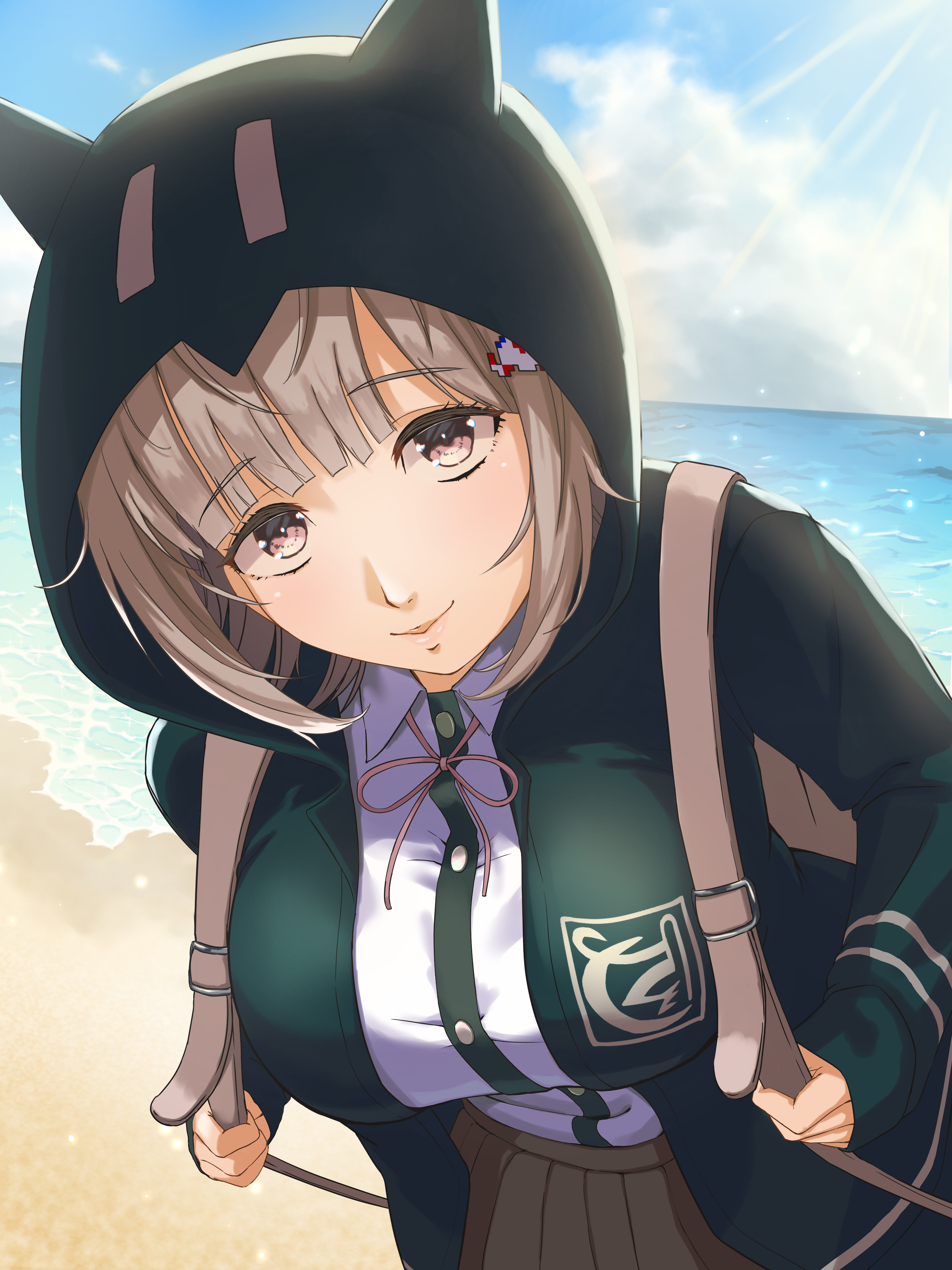 mo yako, nanami chiaki, danganronpa (series), danganronpa 2: goodbye despair, absurdres, highres, 1girl, beach, black shirt, breasts, brown hair, cloud, collared shirt, dress shirt, flipped hair, green jacket, hair ornament, hood, hood up, jacket, large breasts, long sleeves, looking at viewer, medium hair, neck ribbon, open clothes, open jacket, outdoors, pink eyes, pink ribbon, ribbon, shirt, skirt, smile, solo, water, white shirt