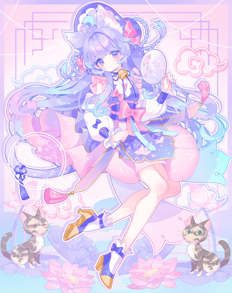 zippo (3756c), original, 1girl, ahoge, animal ears, bell, blue hair, bow, cat, cat ears, cat tail, chinese clothes, detached sleeves, dress, flower, full body, hand fan, high heels, holding, holding fan, long hair, long sleeves, looking at viewer, multicolored hair, neck bell, paper fan, purple eyes, purple hair, ribbon, solo, tail, white sleeves