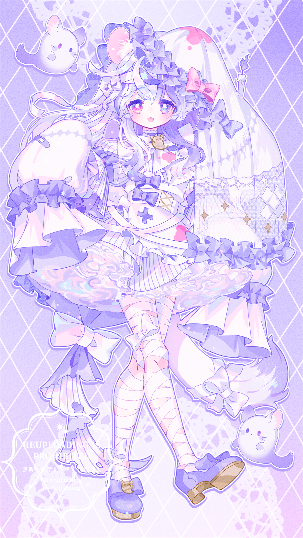 zippo (3756c), original, highres, 1girl, argyle background, bandaged leg, bandages, bandaid, bow, dress, frills, long hair, multicolored hair, open mouth, purple background, purple hair, purple theme, sleeve bow, sleeves past fingers, sleeves past wrists, solo, tail, virtual youtuber, white bow, white dress, white hair