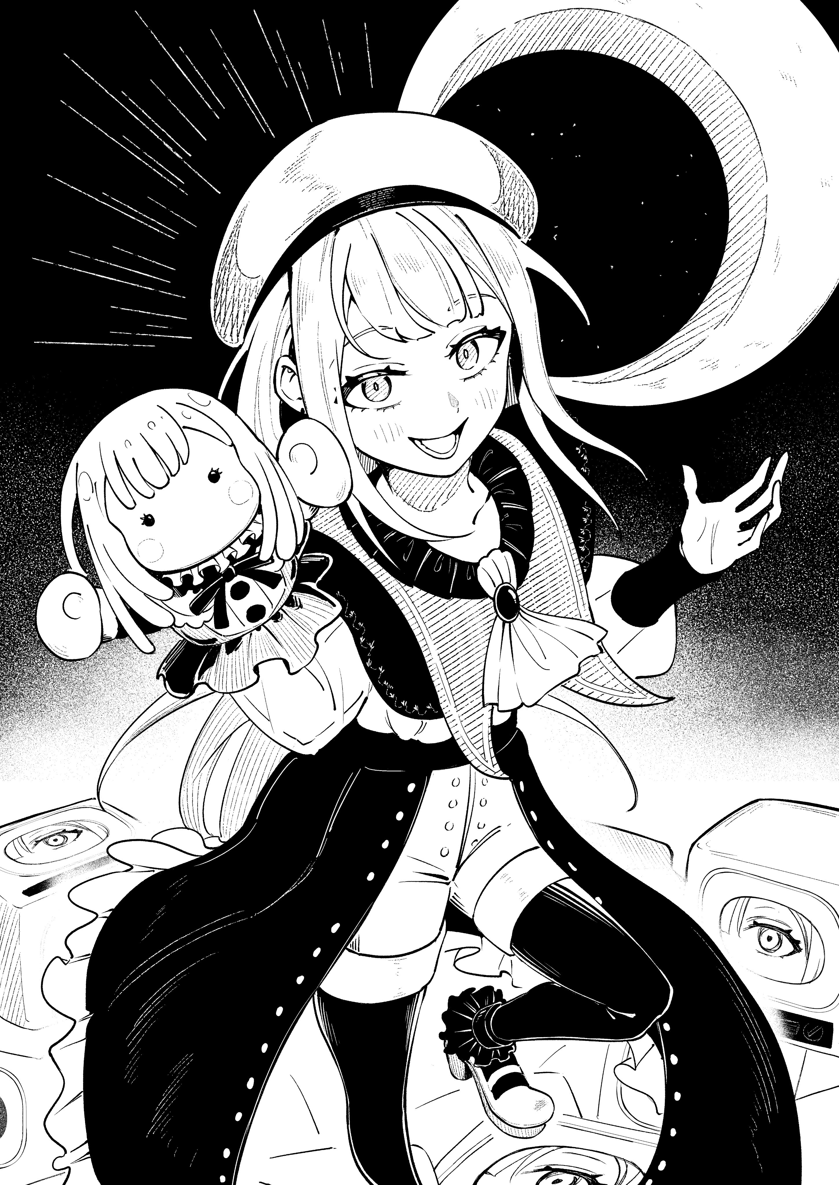 mrfba2, mortis (bang dream!), mortis (costume) (bang dream!), mortis (persona) (bang dream!), wakaba mutsumi, wakaba mutsumi (doll), bang dream!, bang dream! it's mygo!!!!!, absurdres, highres, 1girl, :d, ascot, beret, blunt bangs, crescent moon, foot out of frame, greyscale, hand puppet, hands up, hat, long hair, long sleeves, looking at viewer, monochrome, moon, mutsumi/mortis headspace, open mouth, puppet, shirt, shoes, shorts, smile, solo, thighhighs