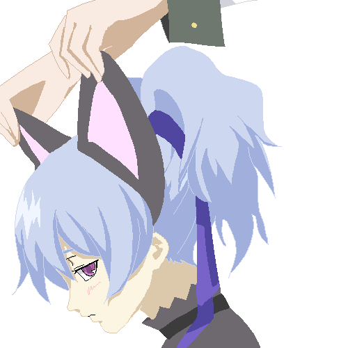 yin (darker than black), darker than black, lowres, 00s, animal ears, blue hair, blush, cat ears, dress, long hair, ponytail, purple eyes, ribbon