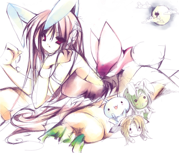:3, animal ears, bab523, brown hair, carrot, long hair, moon, pink hair, rabbit ears, rabbit tail, red eyes, tail
