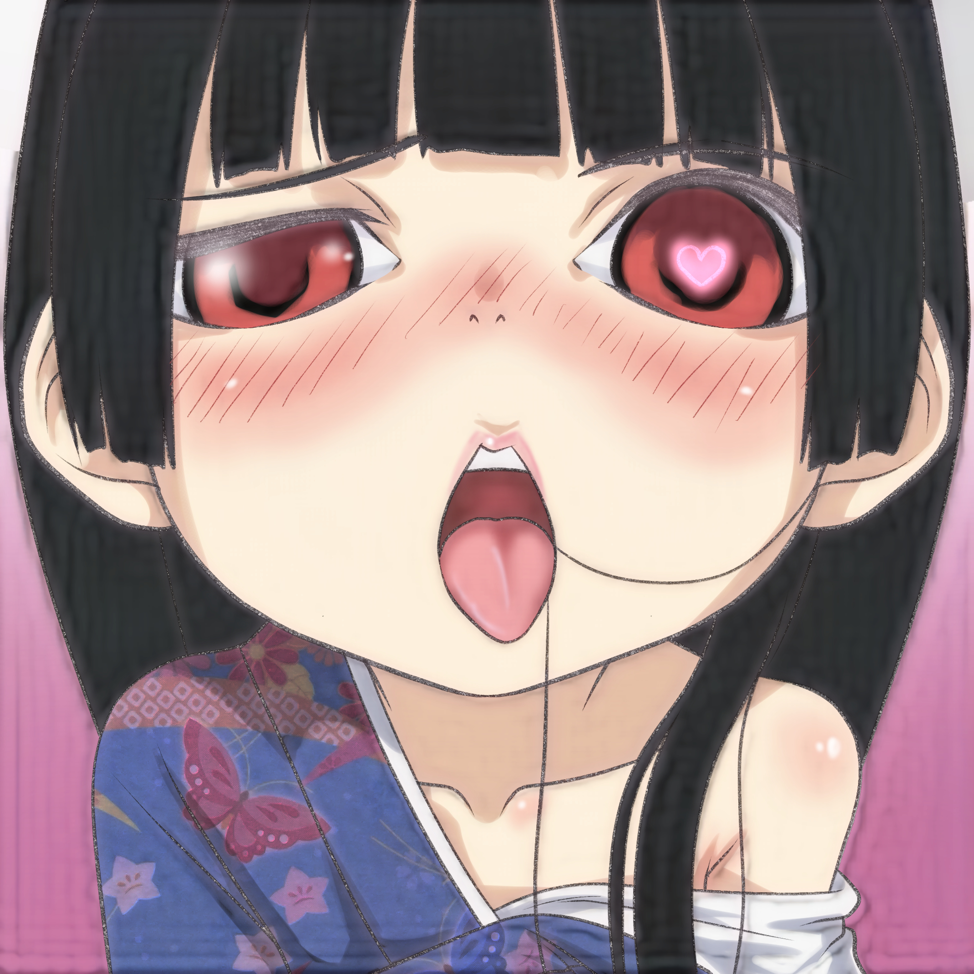 t jiroo (ringofriend), enma ai, jigoku shoujo, 1girl, animal print, black hair, blue kimono, blush, butterfly print, collarbone, floral print, gradient background, heart, heart-shaped pupils, japanese clothes, kimono, long hair, looking at viewer, off-shoulder kimono, oho eye, open mouth, pink background, print kimono, red eyes, star (symbol), star print, symbol-shaped pupils, teeth, tongue, tongue out, upper body