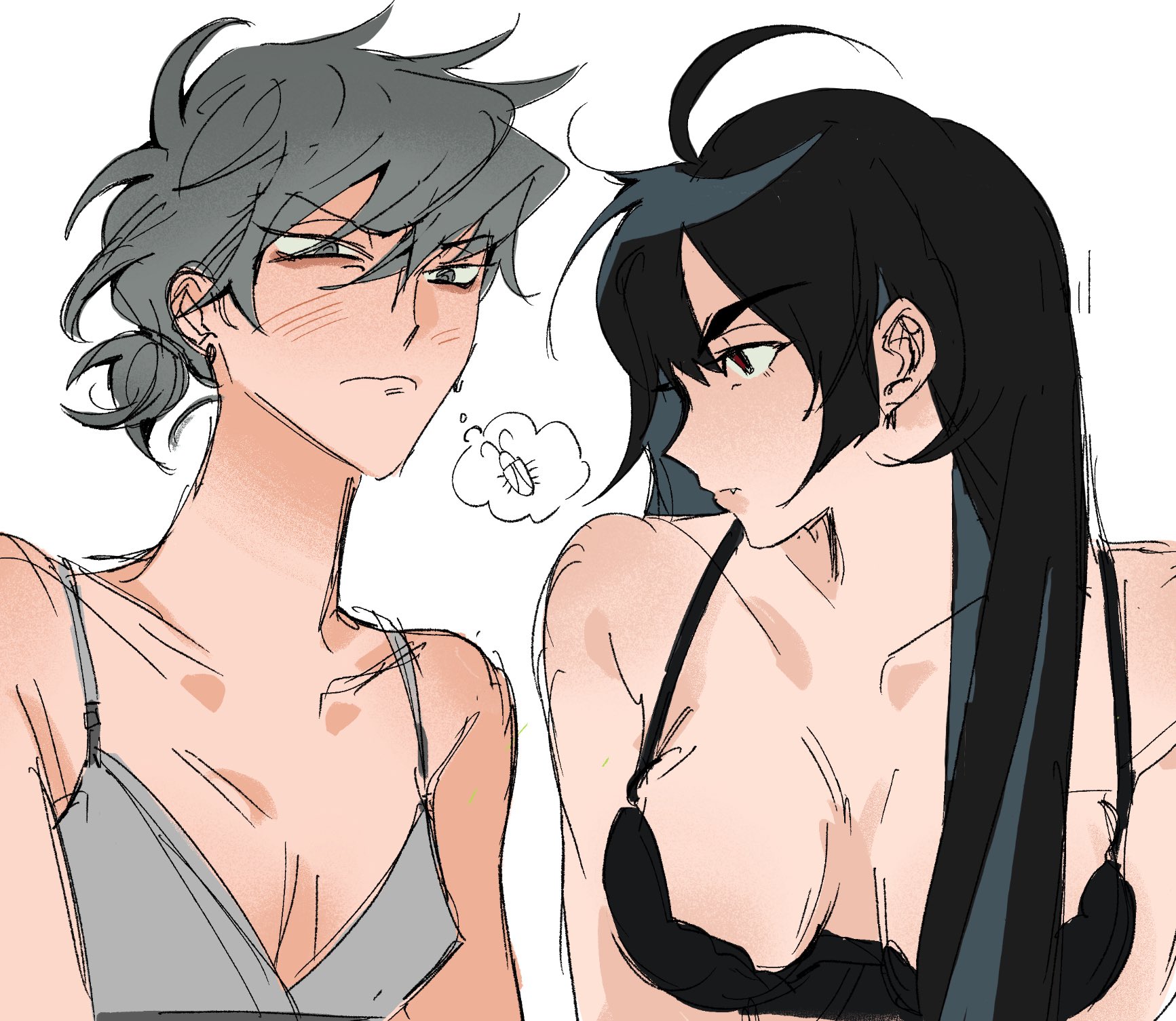 ivan (alien stage), till (alien stage), alien stage, highres, 2girls, arcorclynn, black bra, black eyes, black hair, bra, breasts, bug, cockroach, genderswap, genderswap (mtf), grey bra, grey eyes, grey hair, insect, long hair, multiple girls, ponytail, short hair, short ponytail, underwear