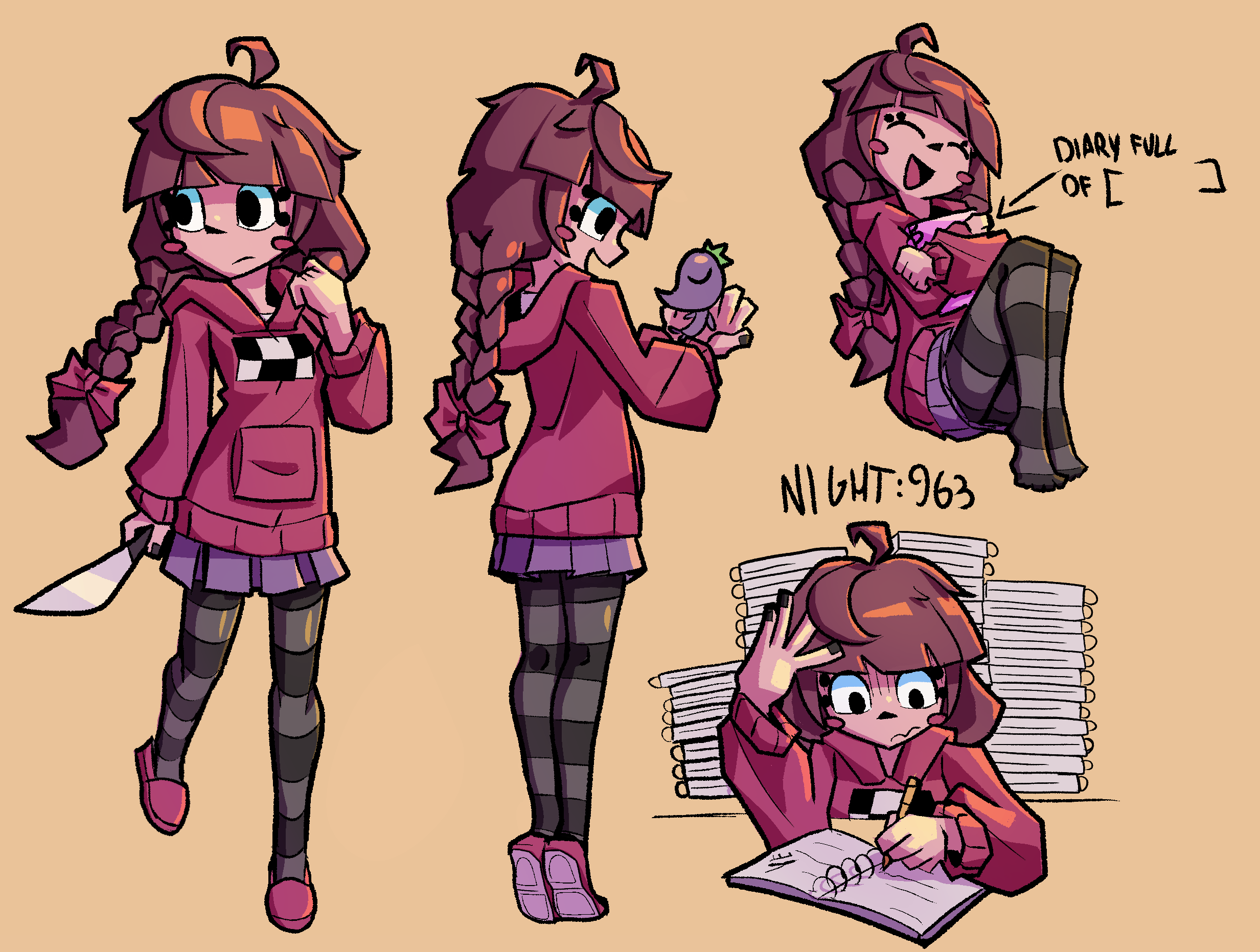 madotsuki, yume nikki, highres, 1girl, :d, ^ ^, ahoge, black eyes, black nails, black pantyhose, blunt bangs, blush stickers, book, book stack, braid, brown hair, closed eyes, creature, english text, eyelashes, grey pantyhose, hair ribbon, holding, holding creature, holding knife, holding pen, holding sketchbook, hood, hood down, knife, long hair, long sleeves, low twin braids, miniskirt, multiple views, notebook, open mouth, pantyhose, pen, pink ribbon, pink sweater, purple skirt, ribbon, simple background, sitting, sketchbook, skirt, smile, srherbii, striped clothes, striped pantyhose, sweater, twin braids, writing, yellow background