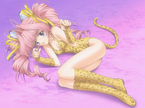 character request, source request, 1girl, ahoge, animal ears, animal print, blue eyes, boots, bow, cat ears, cat girl, female focus, fingerless gloves, gloves, hair intakes, knee boots, leopard ears, leopard print, leopard tail, leotard, looking at viewer, lying, paw pose, pink hair, solo, tail, twintails