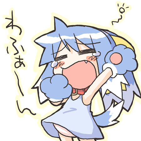 inu-t, os-tan, lowres, animal ears, blue hair, blush, chibi, collar, dog ears, dress, fang, gloves, long hair, ponytail