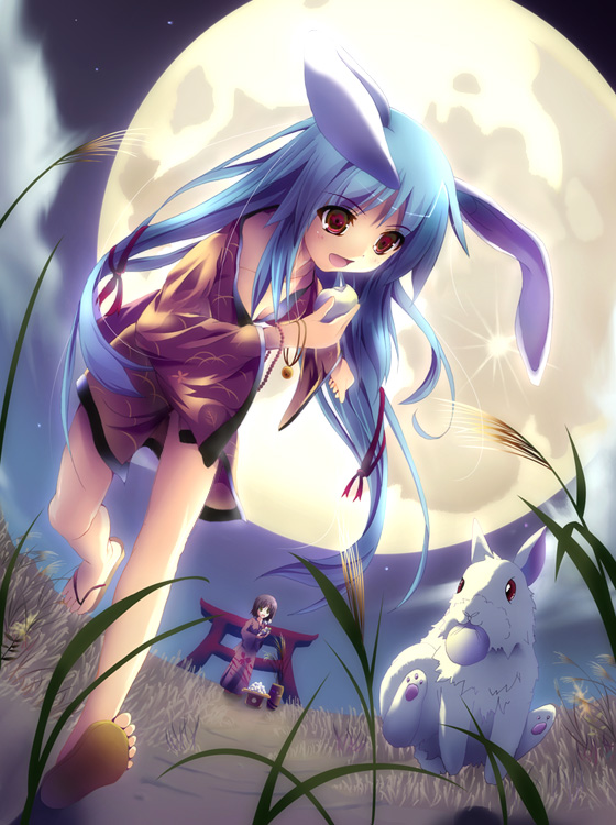 animal ears, blue hair, brown hair, japanese clothes, kimono, long hair, moon, rabbit, rabbit ears, red eyes, twintails