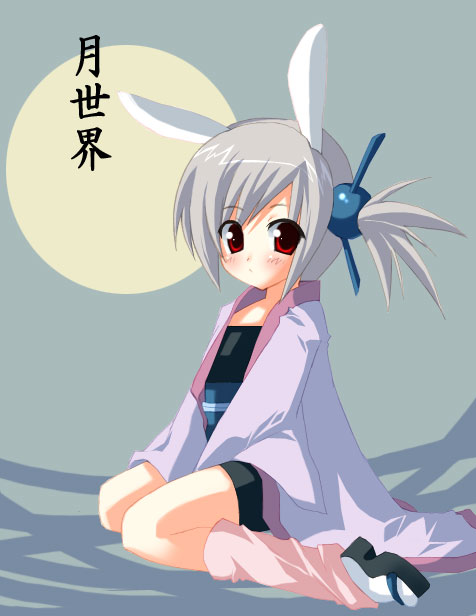 animal ears, flat chest, grey hair, japanese clothes, kimono, kneehighs, moon, open clothes, open shirt, ponytail, red eyes, shirt, short hair, side ponytail, socks, tabi