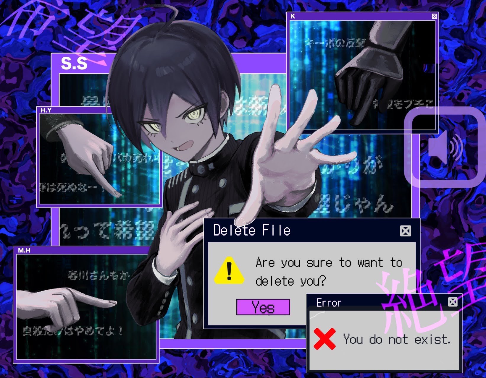 sukizukiko, k1-b0, saihara shuichi, danganronpa (series), danganronpa v3: killing harmony, commentary request, highres, 1boy, ahoge, black hair, black jacket, buttons, d:, double-breasted, english text, error message, jacket, long sleeves, open mouth, short hair, solo, window (computing), yellow eyes