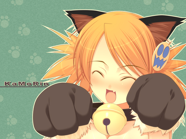 animal ears, bell, blonde hair, blush, cat ears, collar, fang, gloves, short hair, twintails