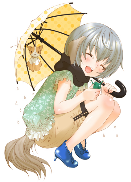inuburo, copyright request, animal ears, dog ears, frog, grey hair, happy, high heels, rain, shoes, short hair, shorts, solo, tail, teruterubouzu, umbrella