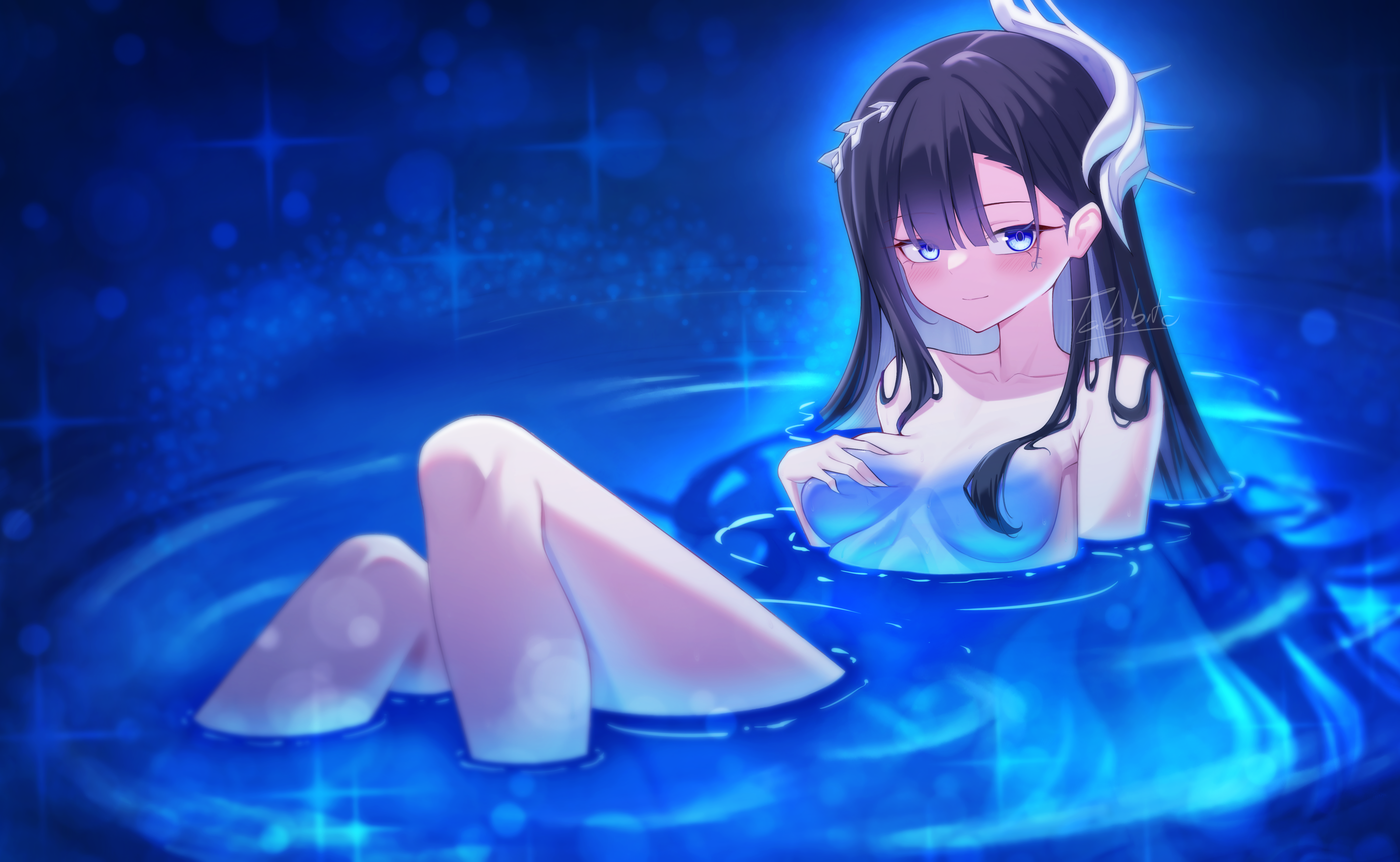 tabibito (pew cpotty), hysilens (honkai: star rail), honkai: star rail, honkai (series), absurdres, highres, 1girl, bare arms, bare shoulders, black hair, blue eyes, breasts, closed mouth, collarbone, hair between eyes, hair ornament, hand on own chest, long hair, medium breasts, nude, signature, smile, water, wet