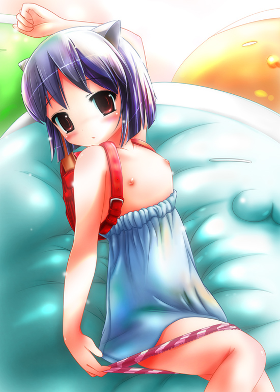 daidouji kira, aq interactive, arcana heart, atlus, examu, artist request, 1girl, :3, animal ears, backpack, bag, blush, breasts, cat ears, dress, female focus, flat chest, loli, nipples, no bra, no panties, panties, purple hair, randoseru, red eyes, short hair, solo, striped clothes, striped panties, topless female, underwear