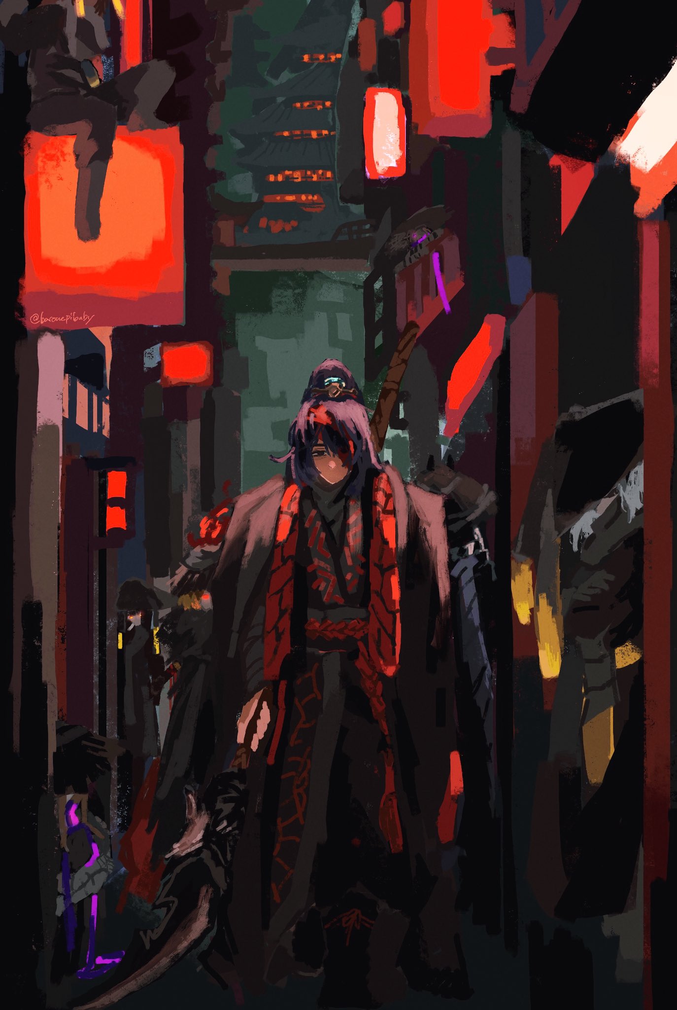 faust (project moon), hong lu (project moon), sinclair (project moon), limbus company, project moon, highres, 1girl, 2boys, 4others, baconepibaby, bandage over one eye, black eyes, black hair, black hanfu, chinese clothes, conical hat, family hierarch candidate (identity) (project moon), full body, grey scarf, guan dao, hanfu, heishou pack-mao branch (identity) (project moon), heishou pack-si branch (identity) (project moon), heishou pack-wu branch (identity) (project moon), heishou pack-you branch (identity) (project moon), high ponytail, long hair, looking at viewer, male focus, multiple boys, multiple others, outdoors, polearm, ponytail, scarf, simple background, standing, stole, weapon