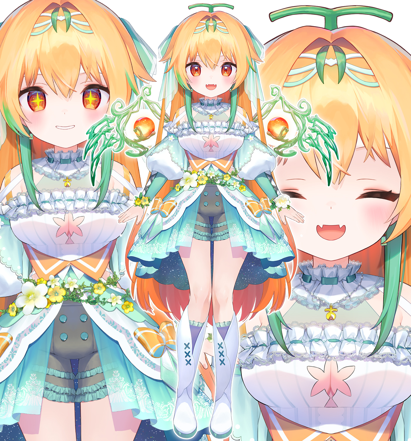 ainy, indie virtual youtuber, commentary request, highres, + +, 1girl, :d, black shorts, blonde hair, blush, boots, closed eyes, facing viewer, fangs, frilled shorts, frills, full body, green hair, green skirt, grin, long hair, long sleeves, looking at viewer, multicolored hair, multiple views, open mouth, red eyes, shirt, shorts, simple background, skin fangs, skirt, smile, standing, tenka an, two-tone hair, virtual youtuber, white background, white boots, white shirt