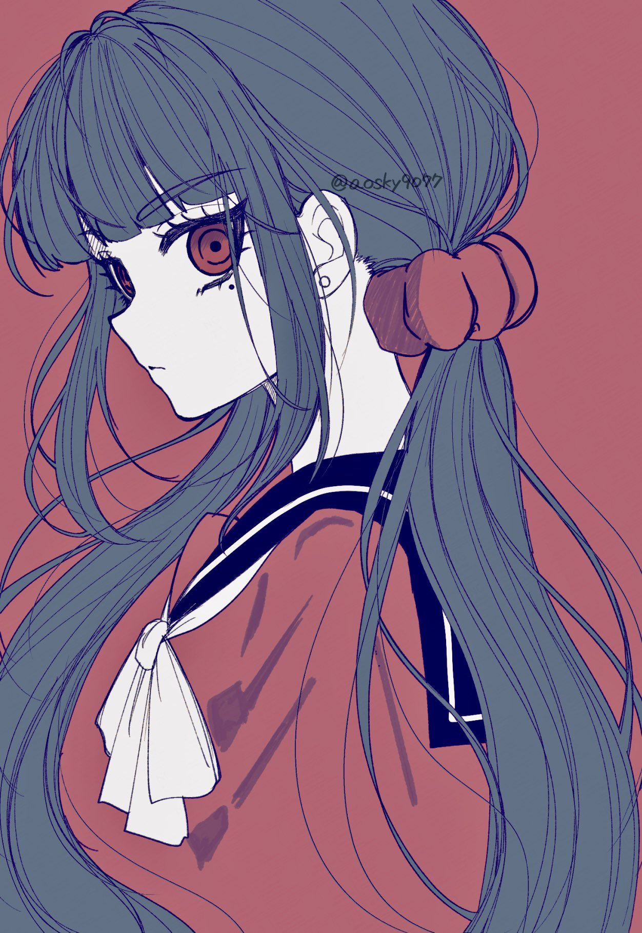 satori (aosky9077), harukawa maki, danganronpa (series), danganronpa v3: killing harmony, commentary request, highres, 1girl, black hair, black sailor collar, bow, bowtie, earrings, from side, jewelry, long hair, mole, mole under eye, red background, red eyes, red shirt, sailor collar, shirt, sideways glance, solo, upper body, white bow, white bowtie