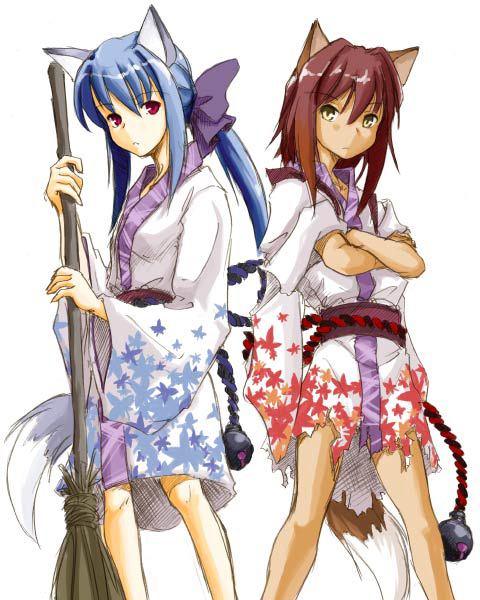 animal ears, bell, blue hair, broom, brown hair, fox ears, japanese clothes, kimono, long hair, ponytail, red eyes, short hair, yellow eyes