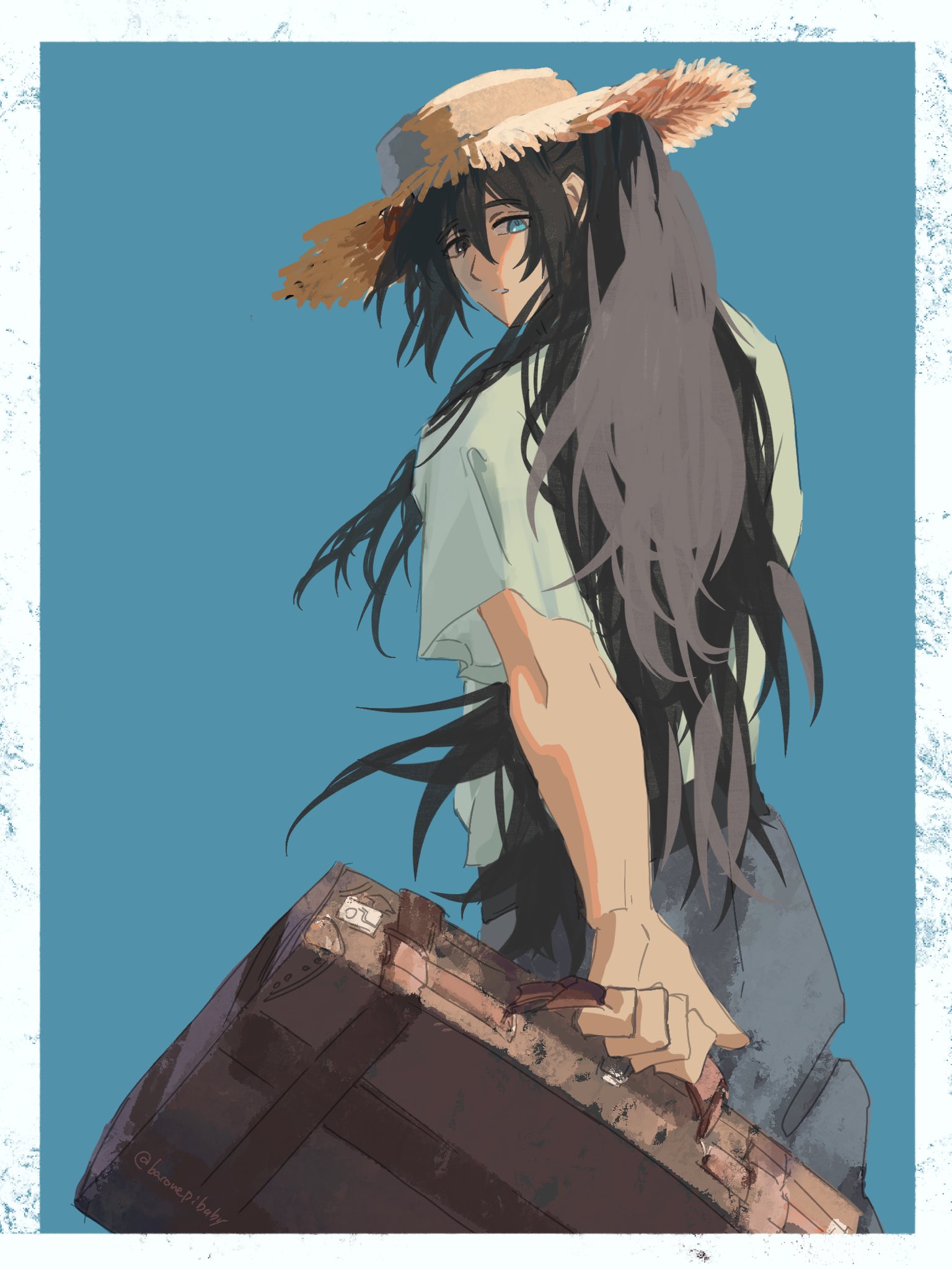 hong lu (project moon), limbus company, project moon, highres, 1boy, baconepibaby, bag, black eyes, black hair, blue background, blue eyes, border, denim, hat, heterochromia, high ponytail, holding, holding bag, jeans, long hair, looking at viewer, male focus, pants, ponytail, shirt, simple background, solo, standing, sun hat, upper body, white border, white shirt