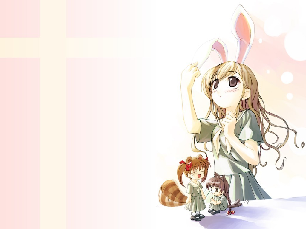 maria-sama ga miteru, 00s, :3, animal ears, bow, braid, brown eyes, brown hair, cat ears, dress, long hair, necktie, plait, rabbit ears, raccoon ears, school uniform, serafuku, twintails