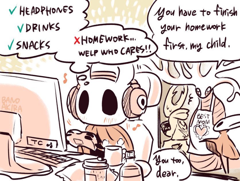 bano akira, hornet (hollow knight), knight (hollow knight), white lady (hollow knight), hollow knight, hollow knight: silksong, commentary, 1other, 3girls, apron, blush, cloak, computer keyboard, controller, english text, game controller, headphones, holding, holding controller, holding game controller, hollow eyes, hood, hood down, hoodie, looking at another, multiple girls, red cloak, speech bubble, thought bubble