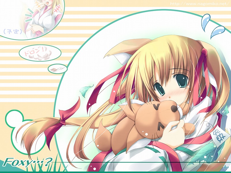 animal ears, blonde hair, blush, fox, fox ears, green eyes, japanese clothes, long hair, miko, ponytail, twintails