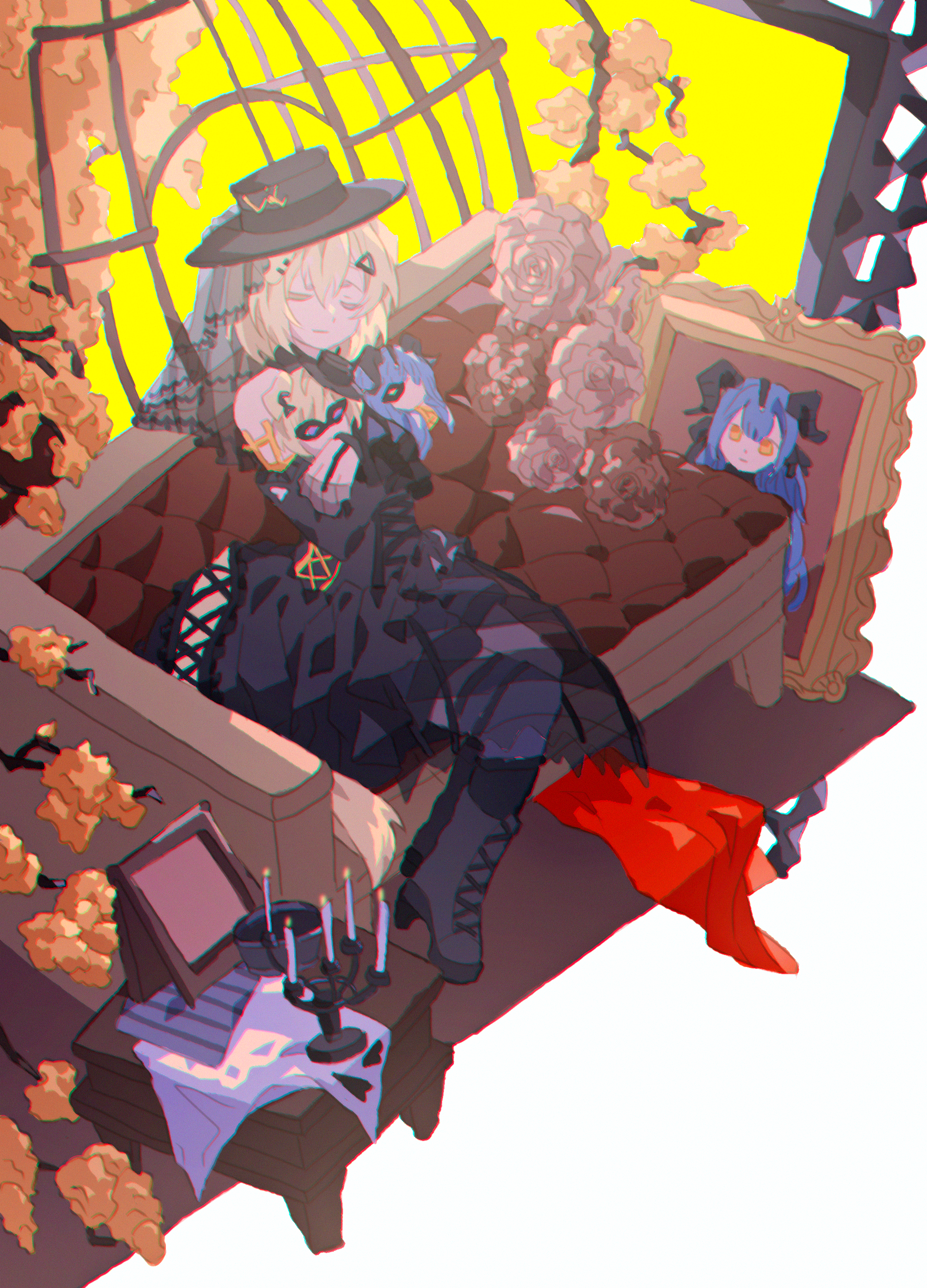 misumi uika, togawa sakiko, arknights, bang dream!, bang dream! it's mygo!!!!!, absurdres, highres, 1girl, animal ears, black boots, black dress, black hat, blonde hair, boots, cage, candlestand, character doll, chromatic aberration, couch, dog ears, dog girl, doll, dress, flower, from above, full body, hair ornament, hairclip, hat, holding, holding doll, kemonomimi mode, misumi uika (caged singer), on couch, picture frame, portrait (object), rose, samoyed42587, short hair, sitting, smile, solo, table, togawa sakiko (master of melodia)