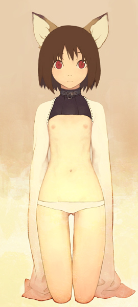 animal ears, breasts, brown hair, cat ears, collar, flat chest, loli, panties, red eyes, short hair, underwear