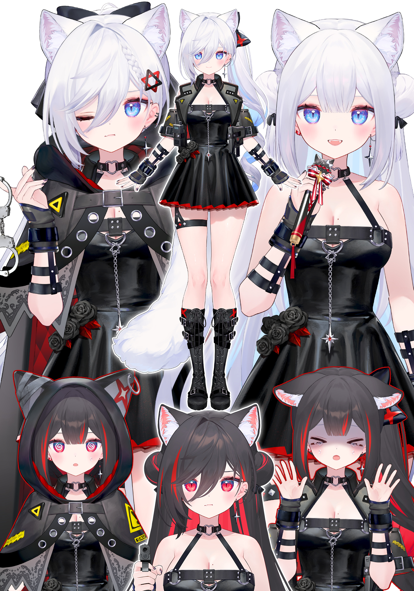 ainy, indie virtual youtuber, commentary, commentary request, english commentary, highres, mixed-language commentary, > <, 1girl, :d, :o, aiming, aiming at viewer, animal ear fluff, animal ears, bare shoulders, black dress, black gloves, black hair, black vest, blue eyes, blush, breasts, cat ears, cat girl, cat tail, cleavage, closed eyes, closed mouth, double bun, dress, facing viewer, fingerless gloves, gloves, grey hair, gun, hair between eyes, hair bun, hands up, holding, holding gun, holding microphone, holding weapon, large breasts, long hair, looking at viewer, microphone, mole, mole on breast, multicolored hair, multiple views, one eye closed, open mouth, red eyes, red streaks, shirogane momo, sleeveless, sleeveless dress, smile, standing, streaked hair, tail, vest, virtual youtuber, weapon