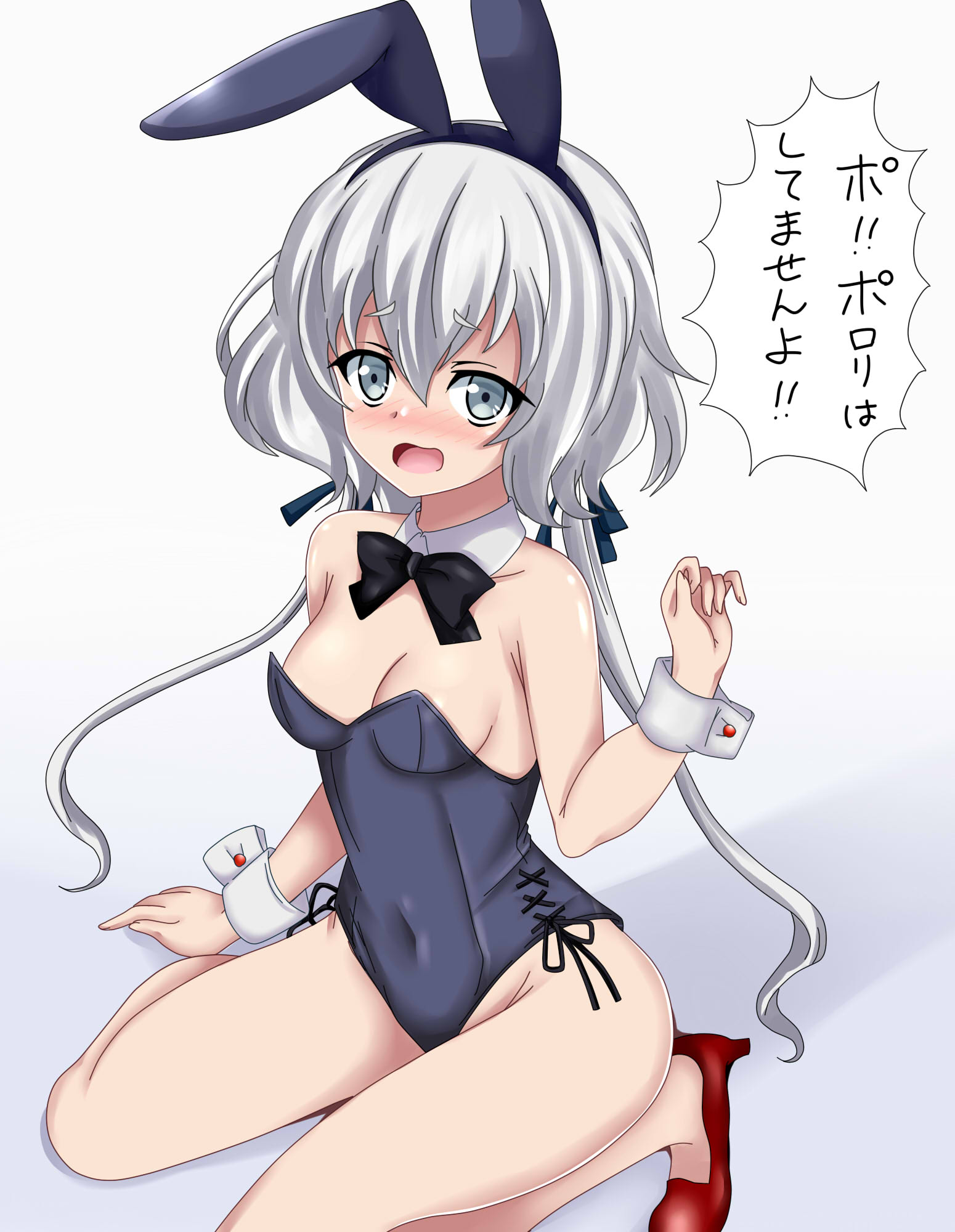 shiguko, konno junko, zombie land saga, commentary request, highres, translation request, 1girl, animal ear hairband, animal ears, bare legs, black bow, black bowtie, black leotard, bow, bowtie, breasts, covered navel, detached collar, fake animal ears, grey eyes, grey hair, hairband, kneeling, leotard, low twintails, open mouth, playboy bunny, rabbit ears, red shoes, shoes, side-tie leotard, small breasts, solo, strapless, strapless leotard, twintails, wrist cuffs
