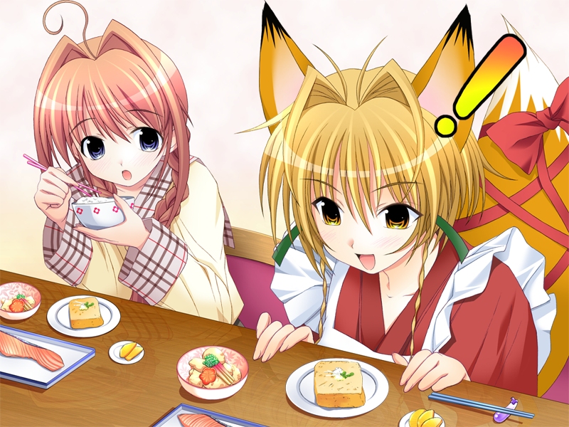 ahoge, animal ears, apron, blue eyes, bow, braid, brown hair, food, fox ears, japanese clothes, kimono, long hair, plait, ribbon, school uniform, serafuku, short hair, tail, twintails, yellow eyes