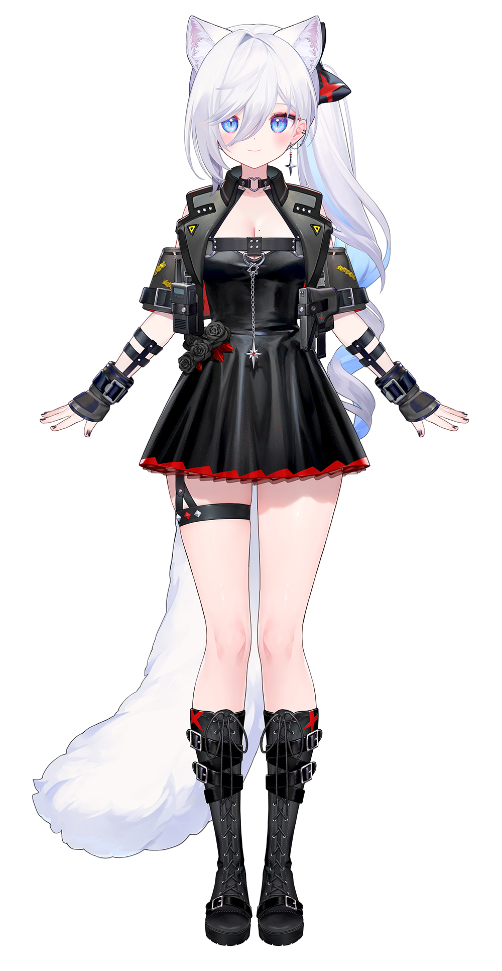 ainy, indie virtual youtuber, commentary, commentary request, english commentary, highres, mixed-language commentary, 1girl, a-pose, animal ear fluff, animal ears, black boots, black dress, black gloves, black nails, black vest, blue hair, blush, boots, breasts, cat ears, cat girl, cat tail, cleavage, closed mouth, dress, earrings, extra ears, fingerless gloves, full body, gloves, grey hair, hair between eyes, jewelry, knee boots, lace-up boots, large breasts, long hair, looking at viewer, multicolored hair, nail polish, open clothes, open vest, ponytail, shirogane momo, simple background, single earring, smile, solo, standing, straight-on, tail, thigh strap, two-tone hair, vest, virtual youtuber, white background