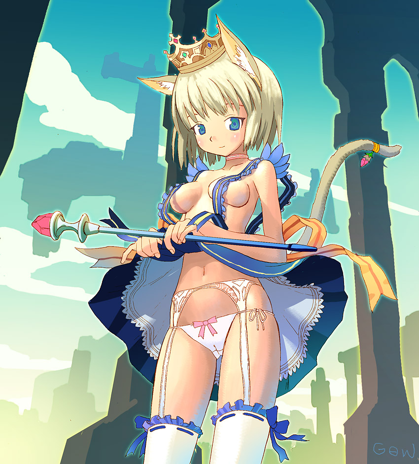 tougetsu gou, animal ears, blonde hair, blue eyes, bow, cat ears, cat tail, choker, crown, garter belt, hat, panties, ribbon, short hair, side-tie panties, skirt, suspenders, tail, thighhighs, underwear